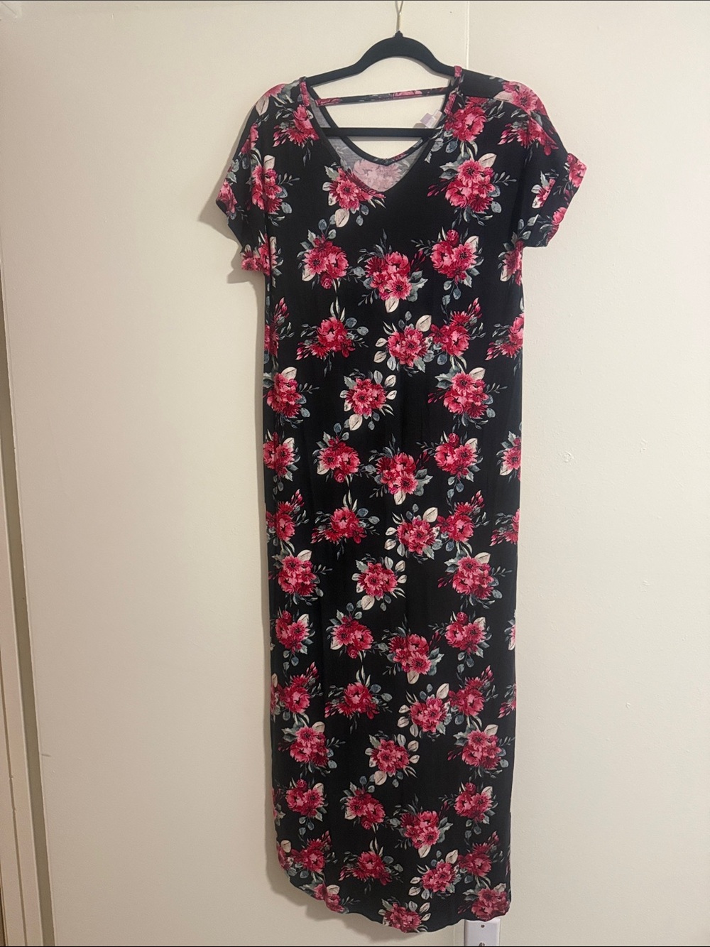LuLaRoe Black Maxi Dress with Pink Floral Pattern
